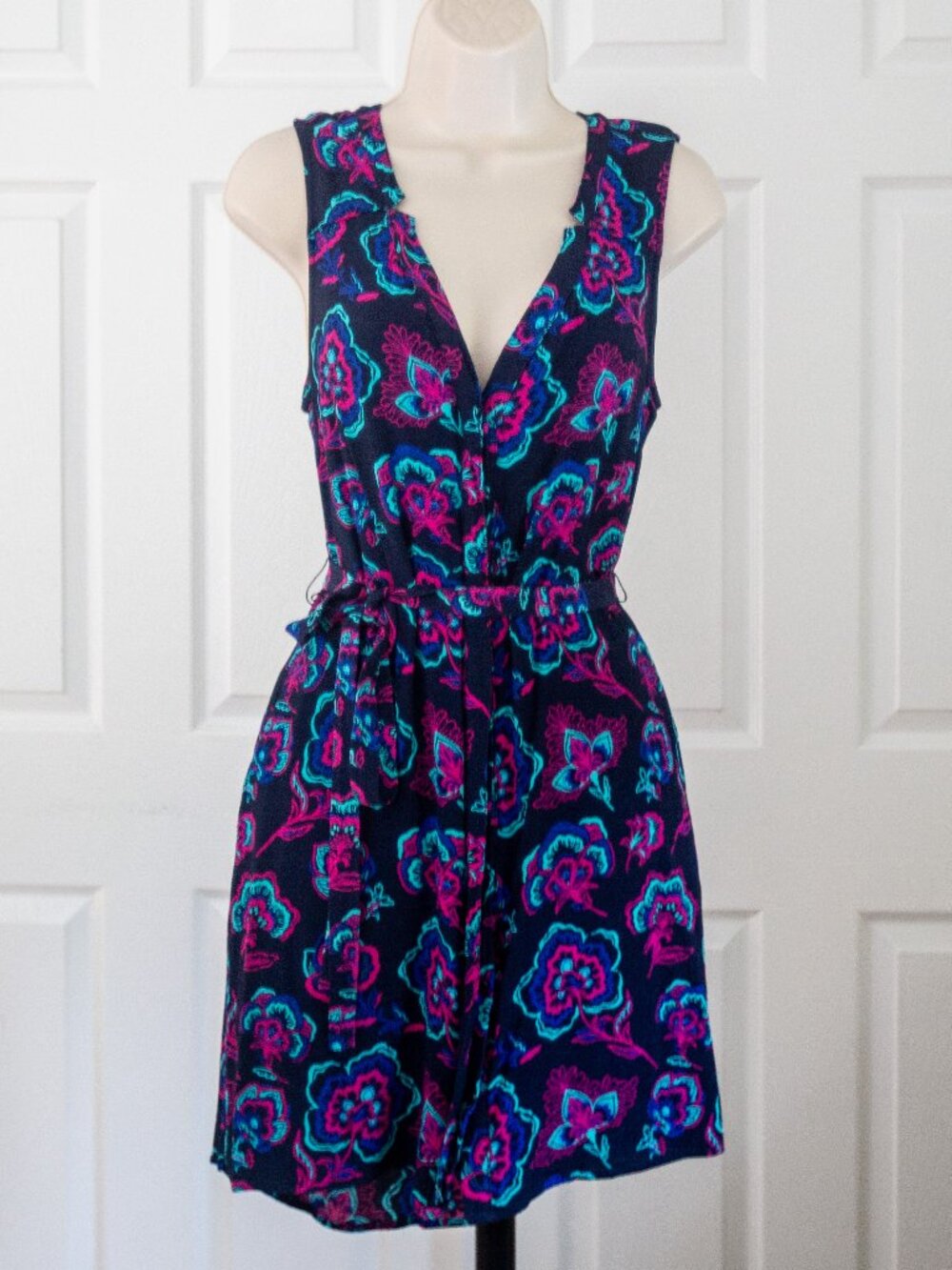 Sleeveless V-Neck Floral Tie-Waist Dress - Navy with Pink & Teal Floral Print